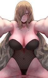 big_breasts blonde_hair female glasses mistimagi sweat