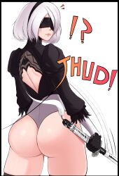 1girls android ass blindfold fighting_stance fraankyy highres huge_ass looking_at_viewer looking_back nier nier:_automata nier_(series) robot sword weapon white_hair yorha_2b