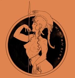 2023 athena athletic_female breasts god greek greek_female greek_mythology greek_pottery helmet helmet_only nipples pottery pubic_hair red-figure_pottery sensual spear tagme traditional_art wintonkidd