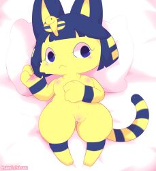 animal_crossing ankha ankha_(animal_crossing) anthro areola blue_eyes blush breasts felid feline female genitals hi_res looking_at_viewer lying mammal nintendo nipples pussy solo sumichisuu yellow_body