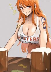 1girls booty_shorts breasts cleavage female female_only grin hooters hooters_uniform huge_breasts light-skinned_female light_skin long_hair nami naughty_face one_piece orange_hair post-timeskip short_shorts shorts smile solo tank_top twitter vialnite waitress