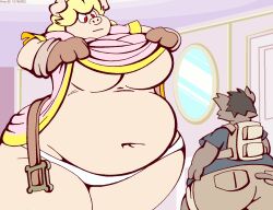 1boy 1girls anthro backpack belly belt black_hair blonde_hair boar book_bag breast brown_fur chubby chubby_female fat female female_focus furry japanese_boar_boy large_breasts larger_female lifting_dress male panties pig presenting princess_piggy red_eyes smaller_male stomach thick_thighs thighs underboob underwear virus-20