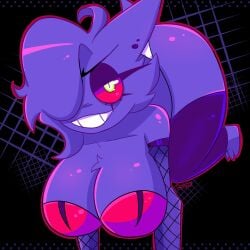 anthro big_breasts fishnets gengar ghost ghost_girl pokémon pokémon_(species) pokemon purple_hair purple_skin r_bismut rbismut red_eyes smile