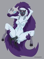 1boy 1girls anal anal_sex anthro blue_eyes blue_nipples blue_pussy breasts canid diphallia diphallism double_penetration female fur furry furry_only grey_fur hooves kindred lamb_(league_of_legends) league_of_legends male mask multi_penis nipples penetration penis pussy pussy_juice riot_games sheep tanakashi53 vaginal_penetration vaginal_sex wolf wolf_(league_of_legends)