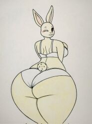 anthro ass big_ass big_breasts breasts bubble_butt clothing female fur furry furry_only haru_(beastars) huge_ass lj_caffie looking_back rabbit solo tail thick_thighs wide_hips wink