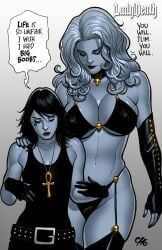 2023 2girls ankh belt big_breasts black_hair chaos_comics chaos_emerald clothing coffin_comics dc dc_comics death_(personification) death_of_the_endless english_text female frank_cho goth grim_reaper handwear height_difference high_resolution humanoid lady_death long_hair milf neckwear pale_skin queen_of_the_dead seductive_look small_breasts speech_bubble swimwear