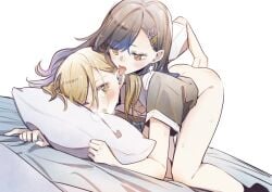 ass_up azusawa_kohane bed_sheet bedsheets blonde_hair bottomless crying female/female female_focus female_penetrated finger_fuck fingering fingering_partner lesbian_sex licking licking_ear on_bed pillow project_sekai shiraishi_an thighs twintails vaginal_penetration yuri