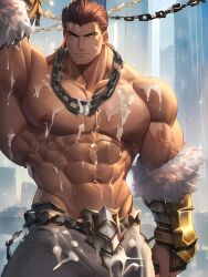 1boy abs ai_generated bara bare_pectorals biceps body_hair bulge chained chains chest_hair chest_harness clothing_cutout collar completely_nude covered_abs cowboy_shot cum cum_in_clothes cum_on_body cum_on_boy cum_on_clothes cum_on_pectorals dark_blue_hair ejaculation erection excessive_cum facial_hair feet_out_of_frame halloween_costume handcuffs harness large_pectorals male_focus mature_male medium_hair muscular muscular_male navel navel_hair nipples pants pectoral_press pectorals penis projectile_cum rain revealing_clothes scar scar_on_arm scar_on_chest short_hair sideburns solo stable_diffusion stomach stubble thick_thighs thigh_cutout thighs tight topless_male underwear veins