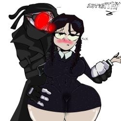 ahe_gao artist_request big_thighs blush clothed_sex crossover dress faceless_male fat_thighs from_behind glowing_eyes hank_j._wimbleton madness_combat medium_breasts mercenary red_glow rubbing sex the_addams_family thick_thighs wednesday_addams weird_crossover wet_clothes wet_pussy white_background wide_hips