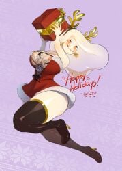1girls artist_name bare_arms bare_shoulders beans big_areola big_breasts big_eyebrows big_nipples bouncing_breasts breasts christmas christmas_clothing christmas_outfit cloette_omelette_(saltymou) curvy_female egg egg_girl egg_girl_meme egg_yolk english_text eyebrows_visible_through_hair eyes_visible_through_hair fake_antlers female female_only food food_creature food_girl full_body fur-trimmed_dress fur_trim gift_box happy happy_holidays high_heel_boots huge_breasts large_breasts light_blush long_hair mistletoe_hair_ornament nipple_slip nipples no_bra no_nose orange_eyes pin-up pinup pinup_pose red_dress revealing_clothes saltymou santa_dress short_dress smile snowflake_earrings solo tagme text thick_thighs thigh_boots white_body white_eyelashes white_hair white_skin