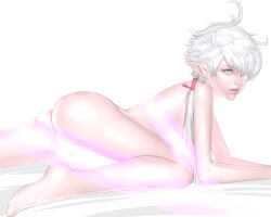 1girls alisaie_leveilleur bed bedroom blue_eyes elezen elf elf_ears elf_female elf_girl final_fantasy final_fantasy_xiv hunched_over looking_at_viewer naked nude nude_female pale-skinned_female pale_skin ribbon square_enix white_background white_hair