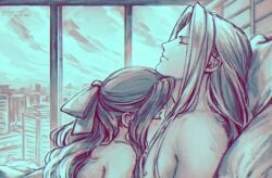 1boy1girl 1girls aerith_gainsborough after_sex closed_eyes elena_ivlyushkina female final_fantasy final_fantasy_vii final_fantasy_vii_remake kay-i long_hair lying_on_person male male/female on_top_of_another romantic sephiroth straight villain_on_heroine window