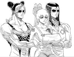 3girls black_hair bottomless breasts colorless ermes_costello female female_only foo_fighters huge_breasts human humor jojo's_bizarre_adventure jolyne_kujo larger_female long_hair meme muscular muscular_female overalls overalls_only pog pogchamp servants_holding_aphrodite's_breasts_(meme) shounen_jump star_platinum stone_ocean supporting_breasts