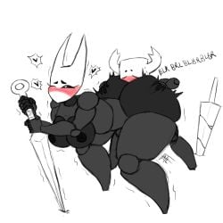 anthro armor ass ass_grab big_ass big_breasts black_sclera blush breasts circle_eyebrows gronch0 heart heart-shaped_pupils hollow_knight hornet_(hollow_knight) humanoid implied_anilingus insects larger_female motion_lines nude nude_female nude_male protagonist_(hollow_knight) shaking smaller_male thick_eyebrows vessel_(species) weapon white_background