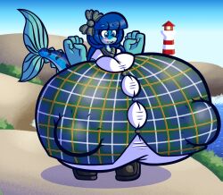 anthro bangs big_breasts blue_body blue_eyes blue_hair bottomwear bow_ribbon breasts bulging_breasts clothing dress erect_nipples female fin fish fish_tail footwear hair huge_breasts hyper hyper_breasts lighthouse mackenzie_(sprucy) mackerel_(fish) marine nipple_outline nipples non-mammal_breasts pattern_clothing pattern_topwear plaid plaid_clothing plaid_topwear ponytail scarf scombrid scombriform sea shoes skirt solo sprucy tartan_bottomwear topwear vest water