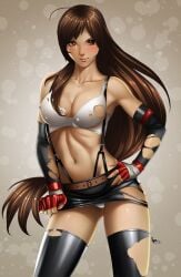 ahoge artist_signature blush breasts brown_eyes brown_hair fabuloso_vasquez fabulosovasquez female_only final_fantasy final_fantasy_vii fingerless_gloves long_hair panties red_gloves ripped_stockings tifa_lockhart toned_female toned_stomach torn_clothes torn_shirt torn_skirt white_panties