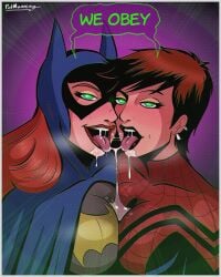 barbara_gordon batgirl batman_(series) crossover dc_comics drool drool_string drooling glowing_eyes hypnosis hypnotized lesbian marvel mask masked masked_female mayday_parker mind_control polmanning redhead saliva saliva_drip saliva_string saliva_trail short_hair sloppy_kiss spider-girl spider-man_(series) tagme tight_clothing yuri