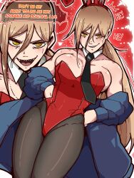 1girls big_breasts blonde_hair blush breasts bunny_ears bunny_girl bunnysuit chainsaw_man demon demon_girl demon_horns dialogue english_text eye_contact female grin grinning horns huge_breasts large_breasts leotard long_hair looking_at_viewer mark_gavatino pantyhose power_(chainsaw_man) sharp_teeth smug smug_smile standing text thick_thighs