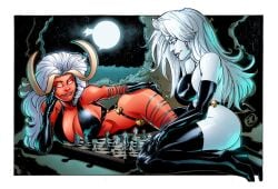 2022 2d 2girls big_breasts chaos_comics chess coffin_comics death_(personification) grim_reaper hernan_cabrera hi_res lady_death lady_demon long_hair moon queen_of_the_dead red-skinned_female red_skin slutty_clothing slutty_outfit voluptuous voluptuous_female white_body white_hair