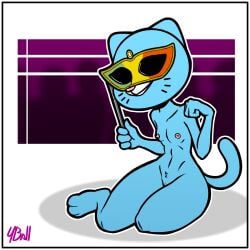 anthro blue_body blue_fur bodily_fluids border cartoon_network digital_media_(artwork) domestic_cat felid feline felis female fourball fur hi_res mammal nicole_watterson nipples nude simple_background smile solo the_amazing_world_of_gumball white_border