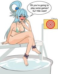 1girls aqua_(konosuba) bikini blue_eyes blue_hair blue_nails blush breasts choker cleavage drunk dunk_tank hair_ornament kono_subarashii_sekai_ni_shukufuku_wo! large_breasts long_hair looking_at_viewer myahogao nail_polish nipple_slip nipples open_mouth painted_nails smile smug solo swimsuit tan tan_skin thick_thighs thighs