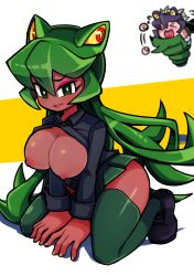 2021 blush breasts button_down_shirt cleavage filia_(skullgirls) fukua_(skullgirls) green_eyes green_hair jimafy nipples purple_hair samson_(skullgirls) shamone_(skullgirls) shirt shoes skirt skullgirls socks solo_focus