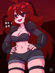 agent_gf_(friday_night_funkin) belly big_breasts breasts deathzera female fingerless_gloves friday_night_funkin girlfriend_(friday_night_funkin) glasses large_breasts looking_at_viewer midriff red_fingernails shorts smile thick_thighs