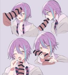 2boys blush censored cum cum_in_face cum_in_mouth cyan_streaks dick_on_face gay kamishiro_rui licking_penis male_only oral oral_sex project_sekai purple_hair tagme uniform yaoi ネモ_(nemo)