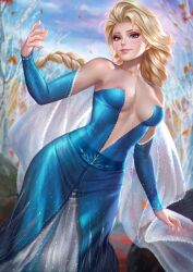 areolae arm_sleeves barely_covered_breasts big_breasts blonde_hair blush cape cleavage disney edited elsa_(frozen) frozen_(film) frozen_2 long_dress long_hair looking_at_viewer neoartcore nipple_slip no_bra nudtawut_thongmai slim_figure standing uncensored