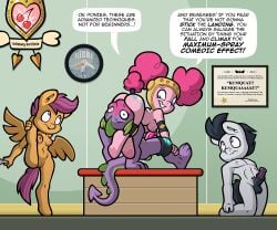 afro_puffs aged_up casual casual_erection clock dragon duo english_text equid equine erection female friendship_is_magic hasbro hi_res horse leg_wrap male male/female mammal my_little_pony pegasus pinkie_pie_(mlp) pony rumble_(mlp) scootaloo_(mlp) sex_education smooth_skin spike_(mlp) stretching text toonbat wings wrestling