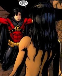 1boy 1boy1girl 1girls abs batman_(series) black_hair cape curvy curvy_female curvy_figure dc dc_comics english_text female fit fit_female fit_male imminent_rape imminent_sex light-skinned_male male male/female naked naked_female nyssa_raatko red_robin superhero text tim_drake villainess wide_hips