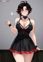 1girls alternate_breast_size black_dress black_hair bluefield blush breasts cleavage dress female heart huge_breasts light-skinned_female light_skin looking_at_viewer red_hair ruby_rose rwby short_hair silver_eyes smile