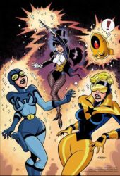 3girls big_breasts black_hair blonde_hair blue_beetle booster_gold breasts bruce_timm child_bearing_hips curvy curvy_female curvy_figure dc dc_comics dcau female female_focus female_only fishnets genderswap_(mtf) lipstick magic magic_user open_mouth rule_63 skitz_(character) sorceress superheroine surprised ted_kord wide_hips zatanna zee_zatara