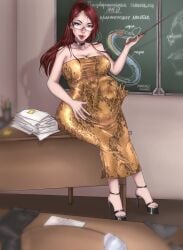 big_belly black_nails classroom digestion high_heels licking_lips nail_polish nst123 platform_heels ponytail red_hair redhead russian_text sharp_fingernails struggling struggling_prey teacher vore