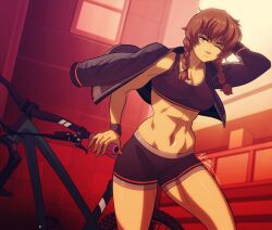 1girls abs amane_suzuha artist_signature athletic_female bicycle bike_shorts braided_hair brown_hair clothing evening female female_only fluffy_hair fully_clothed_female hand_behind_head human jacket_off_one_shoulder jacket_partially_removed medium_breasts midriff one_eye_closed outdoors outerwear pale_skin public sfw solo sports_bra sportswear standing steins;gate tomboy toned_female triplexmile twin_braids workout_clothes