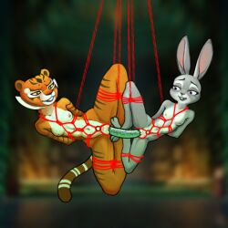 2girls anthro bondage bound breasts catfistingparty_(artist) digital_media_(artwork) dildo disney double_dildo dreamworks duo felid female female/female flat_chest genitals hi_res judy_hopps kung_fu_panda lagomorph leporid mammal master_tigress multiple_girls nipples nude pantherine penetration pussy rabbit restraints rope rope_bondage rope_harness sex_toy sharing_dildo stripes suspension suspension_bondage tiger yuri zootopia