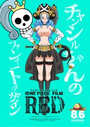 armpit_crease artist_request bare_shoulders blue_hair breasts breasts_bigger_than_torso detached_sleeves exposed_breasts exposed_torso female female_only hand_on_waist large_breasts naked_torso nefertari_vivi nipples nude_filter official_art one_piece one_piece_film_red pirate_hat poster third-party_edit topless_female