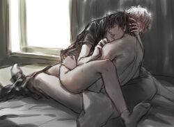 2boys blush bottomless gintama gintoki_sakata hand_on_another's_head hangleing hijikata_toshiro implied_anal indoors male male_only on_bed open_mouth pants_down restricted_palette sitting sitting_on_lap sitting_on_person sweat topless topless_male yaoi