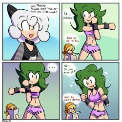 comic dialogue green_eyes green_hair kay_(lenoxmst) lenoxmst medley_(lenoxmst) sports_bra sweat tummy white_hair