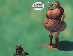 ass belly bow_(weapon) dialogue elf giantess green_background huge_breasts imminent_vore mass_vore multiple_prey nipples oxygenone3 skyrim text the_elder_scrolls vore