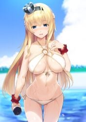 1girls beach big_breasts bikini bikini_bottom bikini_top blonde_hair blue_eyes blush braided_hair breasts crown eyebrows_visible_through_hair female female_only hairband kantai_collection light-skinned_female light_skin long_hair looking_at_viewer meth_(emethmeth) nipples_visible_through_clothing o-ring o-ring_bikini o-ring_top pov side-tie_panties solo thick_thighs voluptuous warspite_(kantai_collection) water water_bottle wet wet_body white_bikini wide_hips wrist_scrunchie