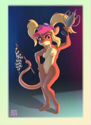 activision anthro arsemaus award barefoot blonde_hair breasts clothing crash_(series) crash_team_racing_(series) crash_team_racing_nitro-fueled eyeshadow eyewear feet female genitals goggles green_eyes hair hand_on_hip hat headgear headwear hi_res lipstick long_hair makeup mammal marsupial navel nipples nude pasadena_o'possum possum pussy small_breasts smile solo standing tail tail_holding_flag tail_holding_object trophy twintails wide_hips