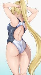 1girls alp arms_behind_head ass back back_view backboob big_ass black_and_white_swimsuit blonde_hair fate/grand_order fate_(series) female female_only glasses highres horny jeanne_d'arc_(fate) jeanne_d'arc_(swimsuit_archer) long_hair one-piece_swimsuit ponytail simple_background solo swimsuit white_background