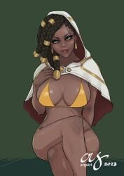 1girls 2023 argskit big_breasts bikini bikini_top black_female black_hair braided_hair cloak dark-skinned_female dreadlocks earrings female_only green_eyes hair_ornament hood league_of_legends licking_lips looking_at_viewer riot_games senna_(league_of_legends) solo wide_hips