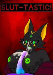 anthro azorian azorianarts bailey_(ball_of_fluff) black_body bodily_fluids canid canine ciel_(ciel_nova) cum dialogue ears_up fellatio female fox genital_fluids genitals glowing glowing_eyes glowing_nipples green_eyes hi_res hybrid mammal nipple_piercing nipples open_mouth oral pats_(patrina_erubus) penile penis piercing sex solo