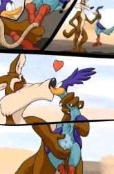 2boys bird coyote fur furry gay gay_kissing kissing lizardlars looney_tunes male male/male male_only poor_quality road_runner_(looney_tunes) warner_brothers wile_e._coyote yaoi