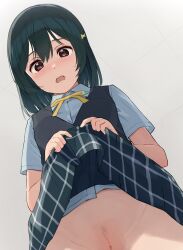 absurdres blush ceiling censored clothes_lift dark_green_hair fang female female_pubic_hair from_below hair_between_eyes hair_ribbon highres looking_down love_live! love_live!_nijigasaki_high_school_idol_club medium_hair mifune_shioriko mosaic_censoring nijigasaki_academy_school_uniform no_panties open_mouth pubic_hair pussy red_eyes ribbon school_uniform skirt skirt_lift solo tata_(tataice) tile_ceiling tiles