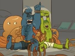 anthro barefoot beast_(x-men) beast_boy benj24 blue_fur blue_skinned_male bondage bulge closed_eyes crossover dc dc_comics feet flaccid furry green_skin half-dressed hank_mccoy humanoid humanoid_feet laugh laughing male male_focus male_only marvel marvel_comics mutant octopus tentacle tickle tickle_fetish tickle_torture tickling tickling_feet underwear