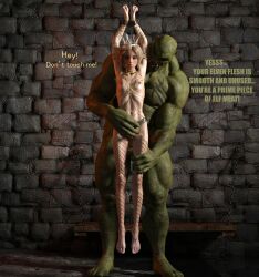 1boy 1girls 3d arms_above_head arms_up big_dom_small_sub blonde_hair body_chains bondage bound bound_wrists captured chains dangling_legs dialogue elf elf_female english_dialogue english_text enslaved_royal female imminent_rape larger_male male orc original_character pierced_nipples piercing princess pussy rape scared sex_slave size_difference slave slave_collar slavegirl small_breasts smaller_female suspension that3dartist tied_up vanora virgin