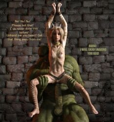 1boy 1girls 3d arms_above_head arms_up big_dom_small_sub blonde_hair body_chains bondage bound bound_wrists captured chains dialogue elf elf_female english_dialogue english_text enslaved_royal female imminent_penetration imminent_rape imminent_sex just_the_tip larger_male male orc original_character pierced_nipples piercing princess pussy rape scared sex_slave size_difference slave slave_collar slavegirl small_breasts smaller_female suspension that3dartist tied_up vanora virgin